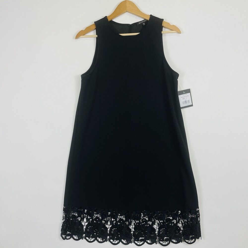 NEW Marina NYC Dress Women 6 Black Scuba Crepe Lace Trim Sleeveless Cocktail
